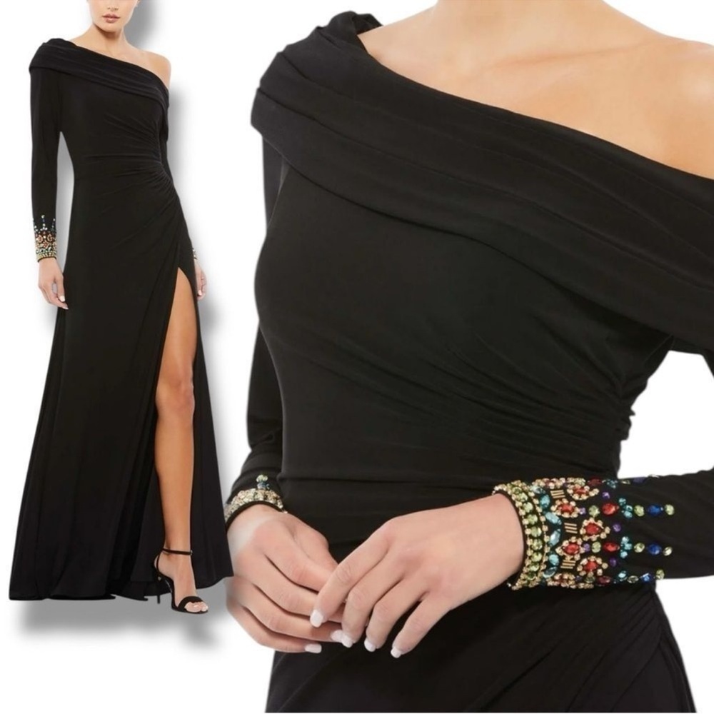 Mac Duggal Black One-Shoulder Embellished Cuff Maxi Dress